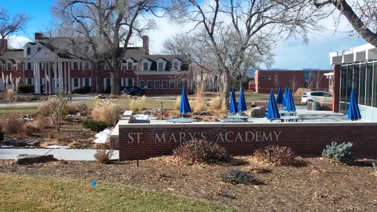 St. Mary’s Academy entrance sign and campus buildings in Cherry Hills Village