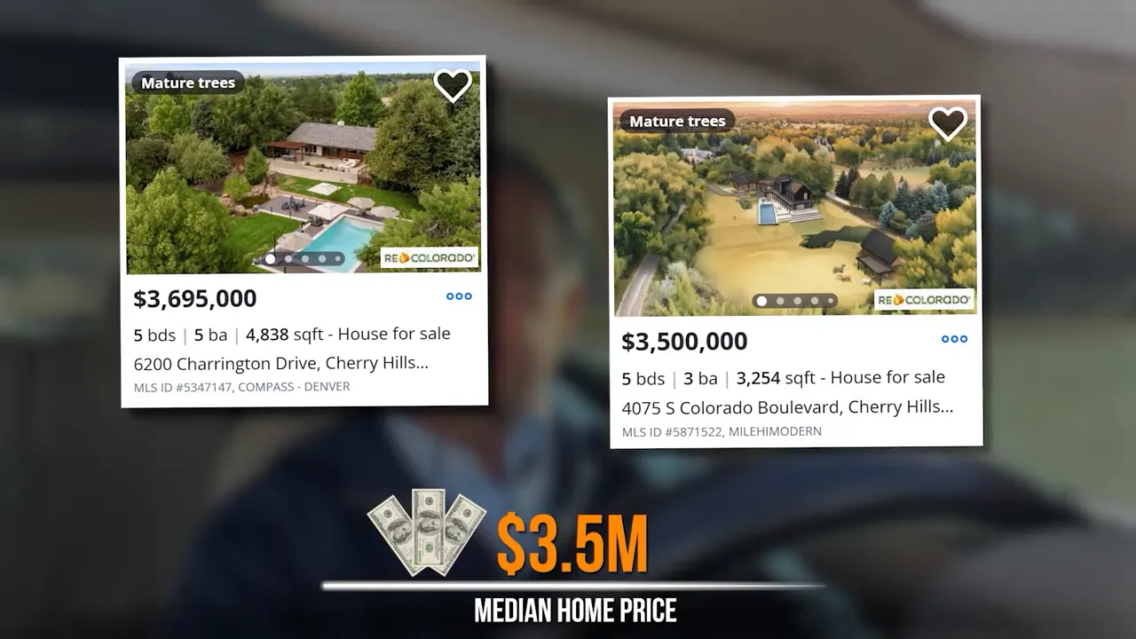 Listing thumbnails showing home prices and details for luxury properties in Cherry Hills Village, Denver Colorado