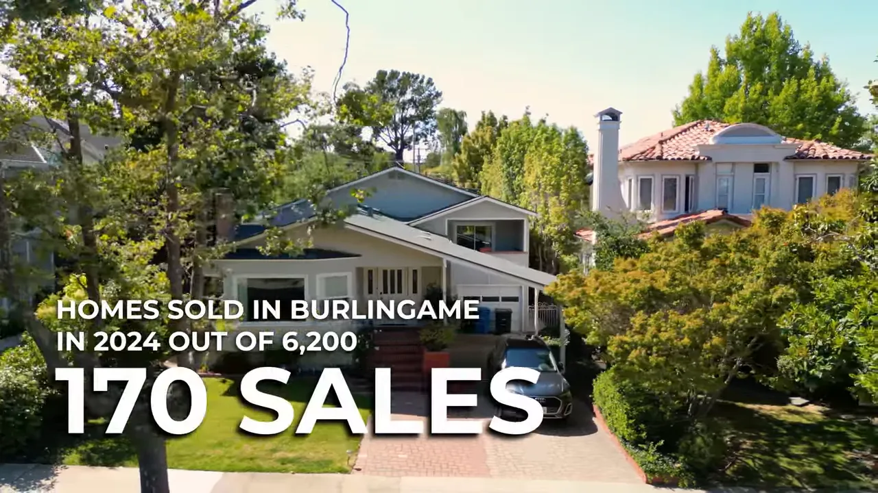 Aerial shot of a Burlingame house with overlaid text reading '170 SALES' showing low turnover