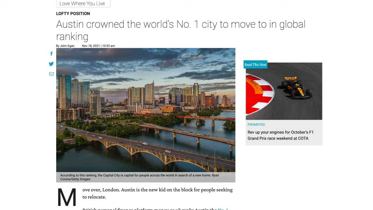 Screenshot of an article claiming Austin is the world’s No. 1 city to move to in global ranking