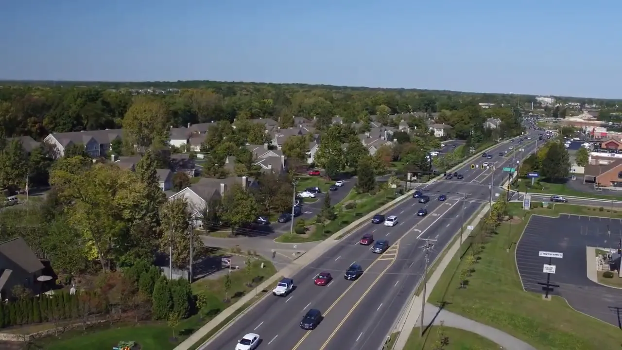 Aerial view of suburban roadways, homes, and traffic in the Columbus area