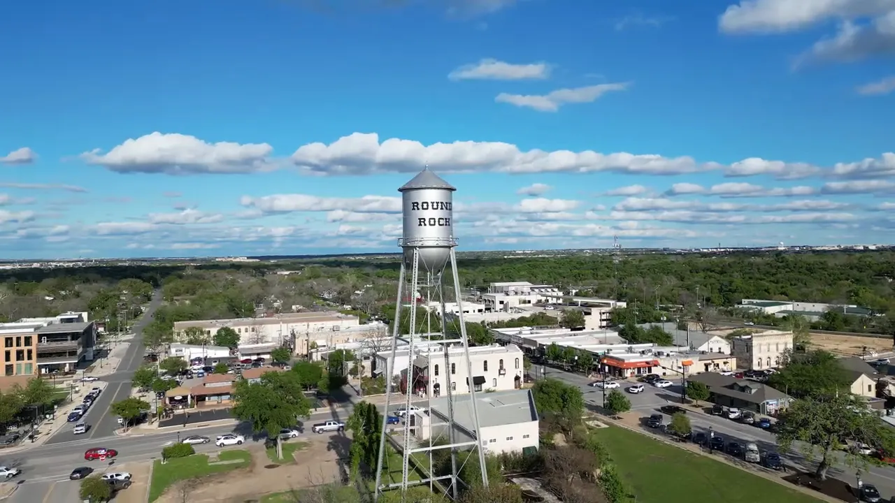 View of Round Rock, Texas streetscape and water tower