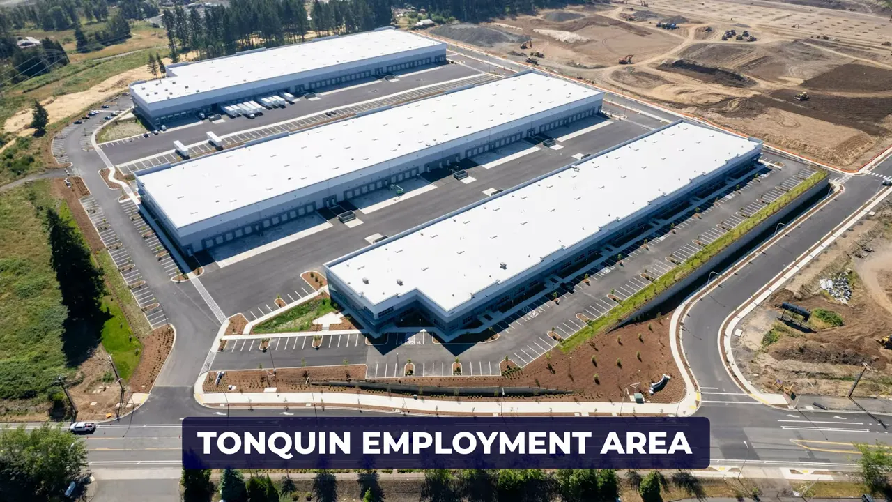 Aerial view of large commercial buildings in the Tonquin Employment Area