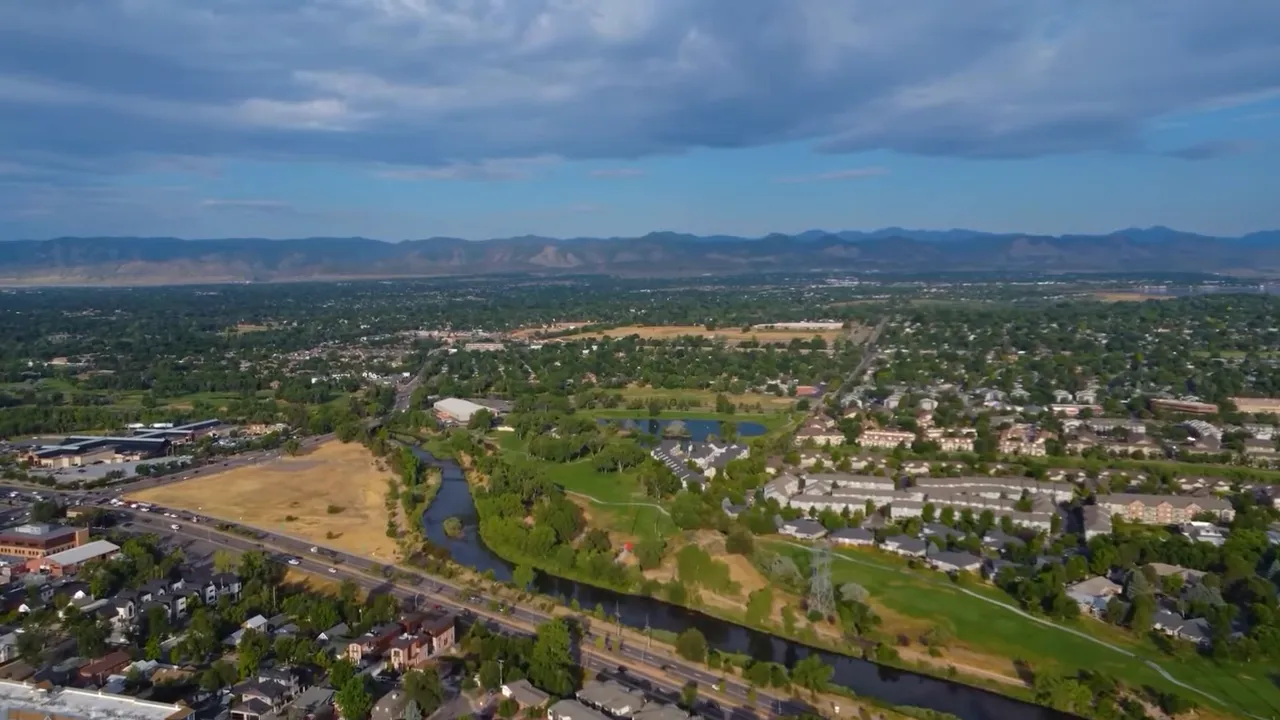 Aerial view of Littleton Colorado suburban neighborhood landscape with open space