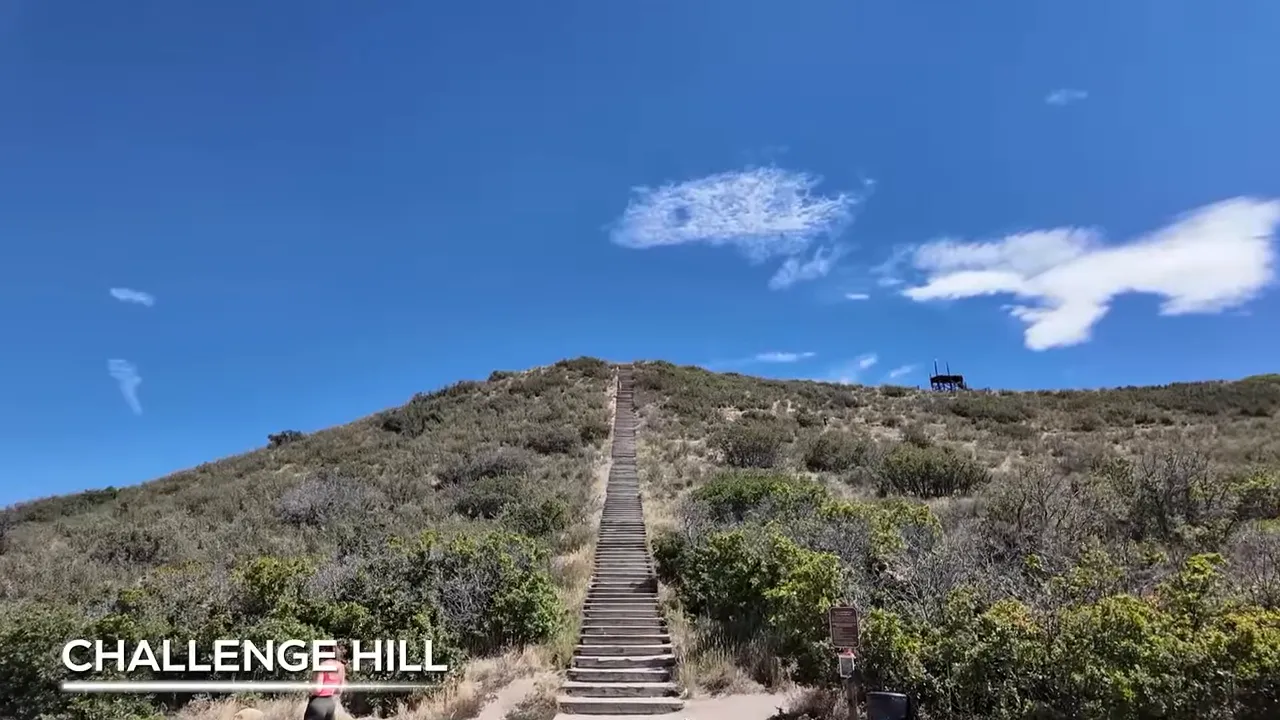 Wooden steps climbing Challenge Hill in Castle Rock, Colorado