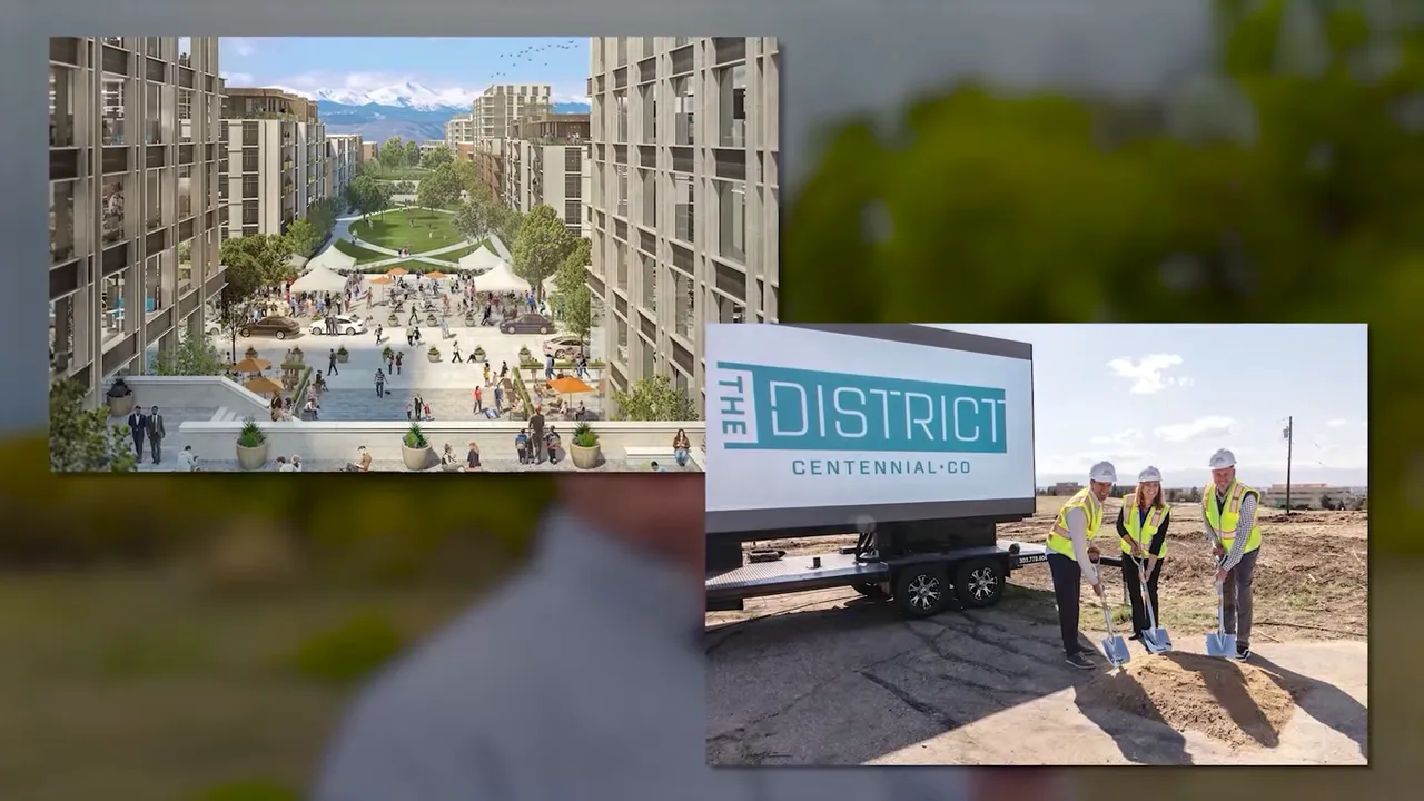 Composite image of Centennial Colorado development concept and District Centennial signage with construction site