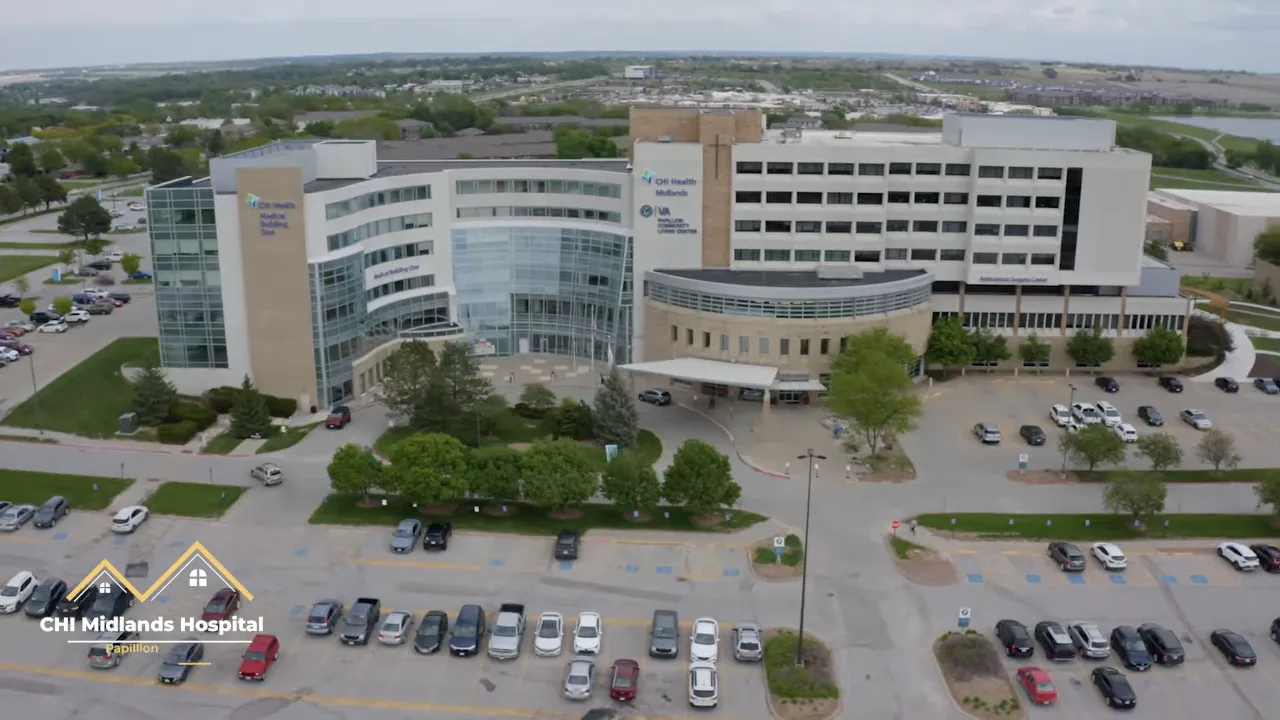 Aerial view of CHI Health Midlands hospital building and parking lots