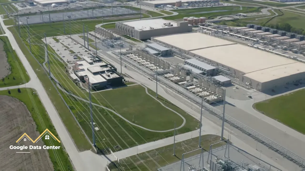 Aerial view of Google data center with label in lower corner