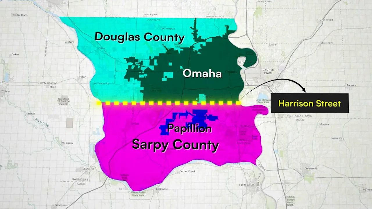 Map showing Douglas County, Omaha, Sarpy County, Papillion, and Harrison Street dividing line