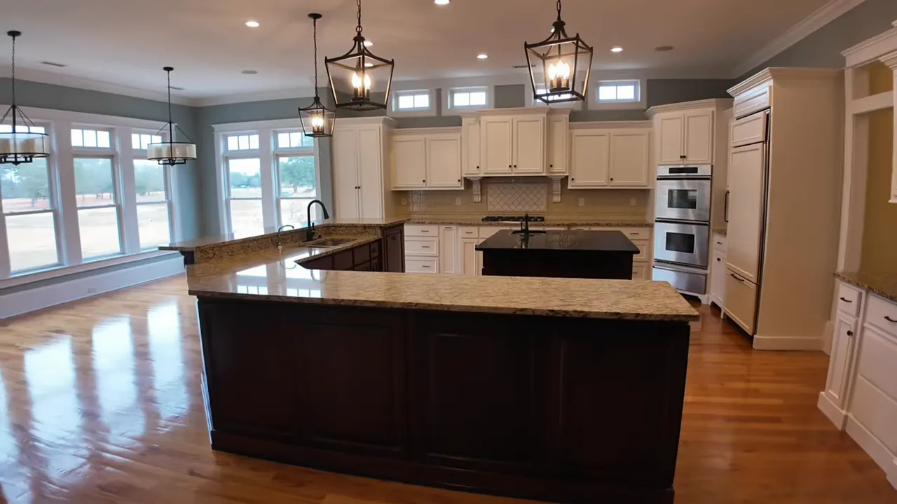 Wide-angle shot of kitchen with large granite island, dark island top, white cabinets, double wall ovens and a windowed eat-in area.