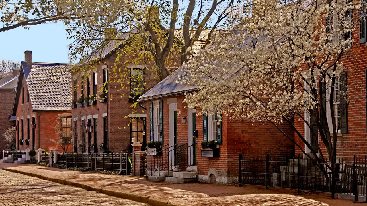 Brick homes and tree lined street in a historic neighborhood