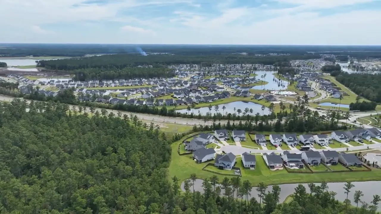 Aerial view of neighborhood streets and homes in Cane Bay, South Carolina