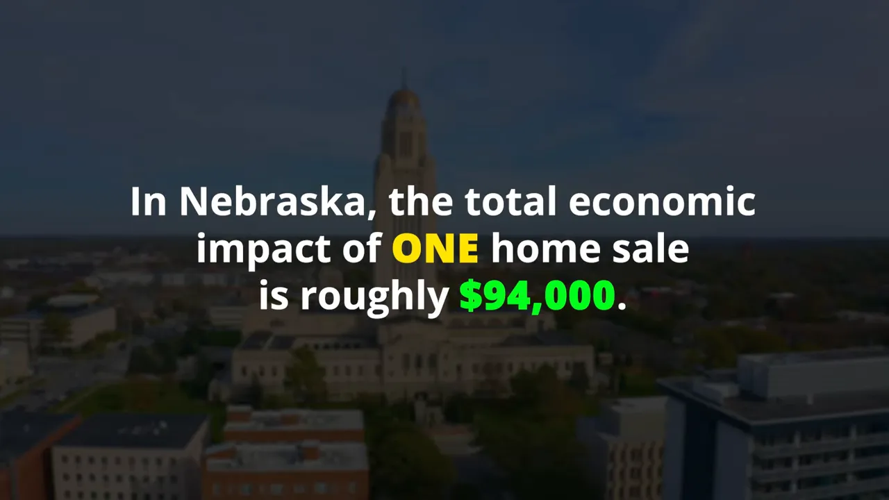 Text on screen stating the economic impact of one home sale in Nebraska is roughly 94000