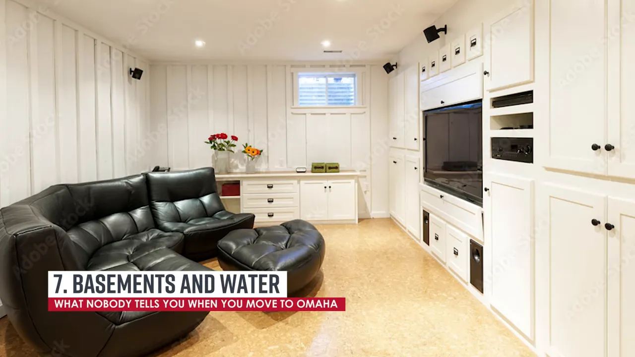 Finished basement living area with built-in cabinets and on-screen title 'Basements and Water'.