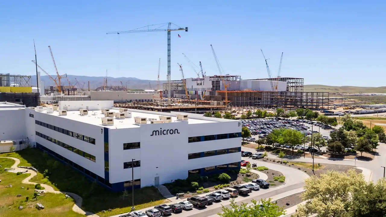 Micron facility exterior with construction activity in the background near Mountain Home, Idaho