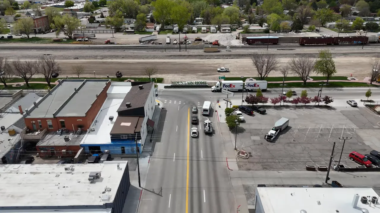 Aerial view of Mountain Home Idaho street with commercial area and parking lot
