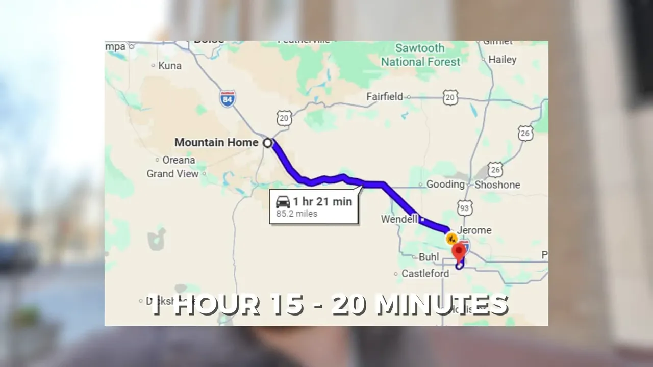 Map showing route and travel time from Mountain Home Idaho to the Boise area