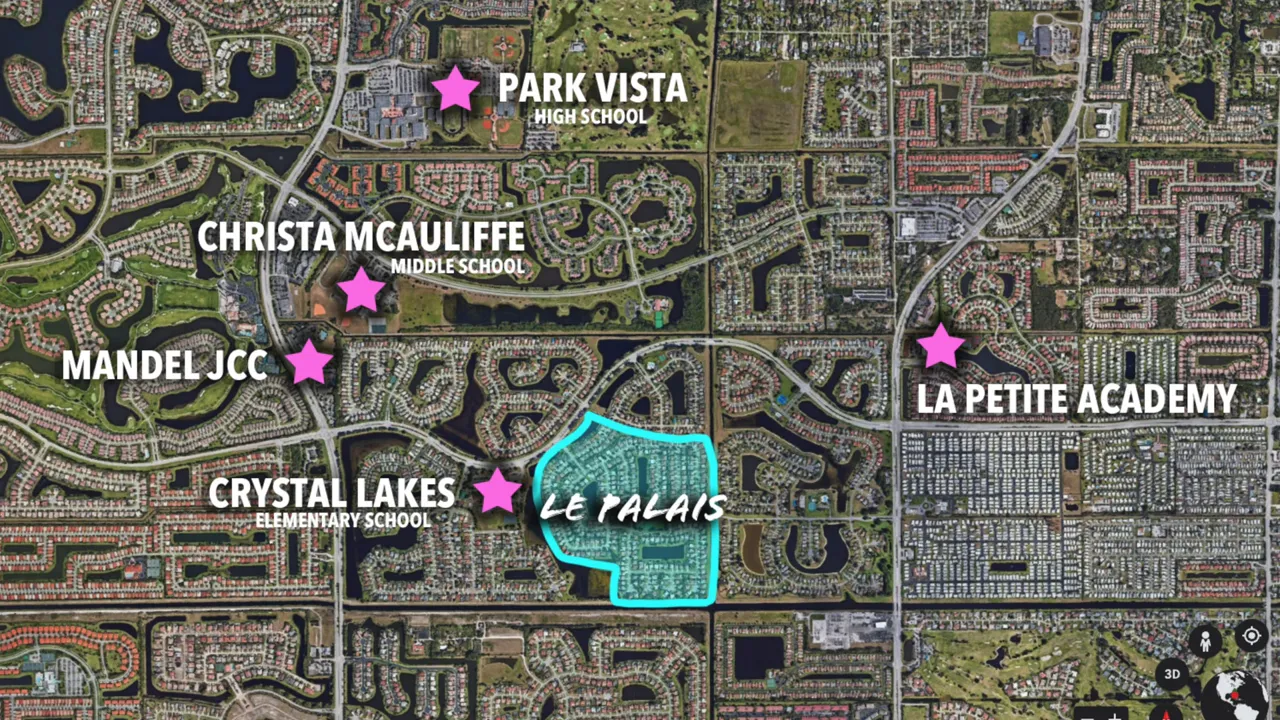 Aerial map with Le Palais outlined and labeled nearby schools and childcare locations (Crystal Lakes Elementary, Christa McAuliffe Middle School, Park Vista High School, La Petite Academy, Mandel JCC)