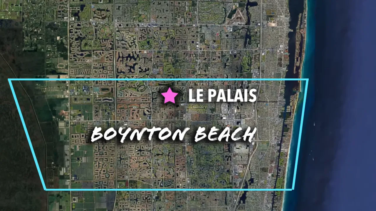 Satellite map of Boynton Beach with a highlighted area and a star marking Le Palais