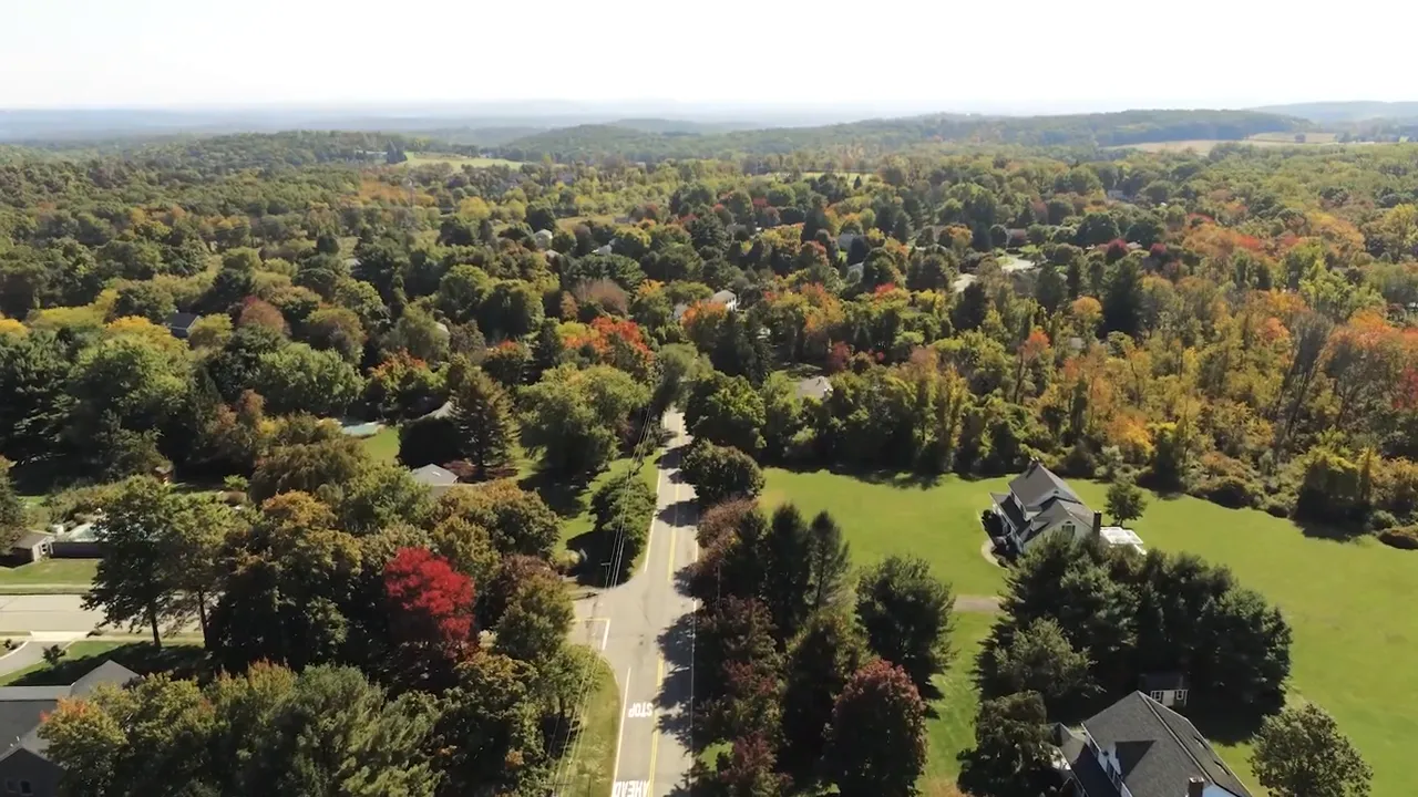 Aerial view of a neighborhood with large lawns, mature trees, and homes in the valley