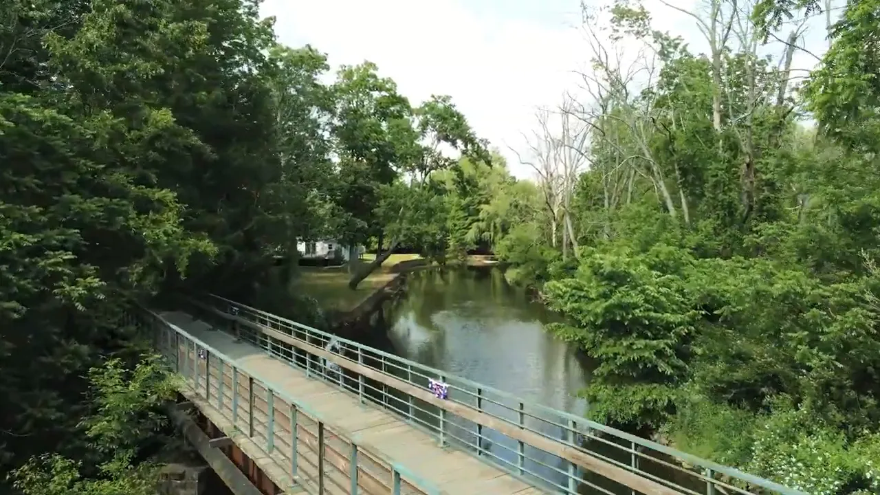 River beside a bridge and trail railing surrounded by dense green trees
