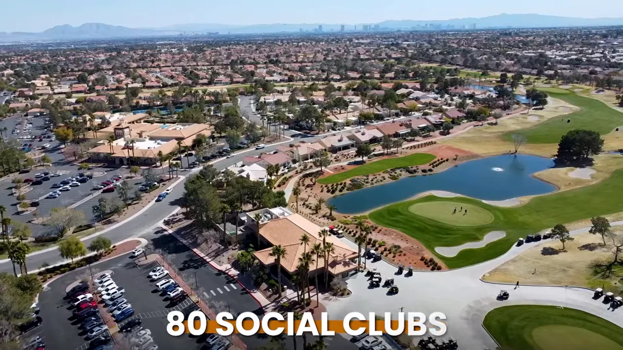 Aerial view of Sun City Summerlin golf course and homes with text about social clubs