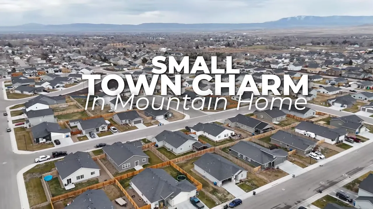 Aerial view of a neighborhood in Mountain Home with text reading small town charm in Mountain Home
