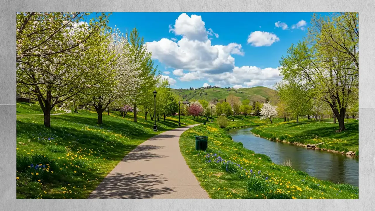 Tree lined path next to a river during spring with blooming trees and green grass