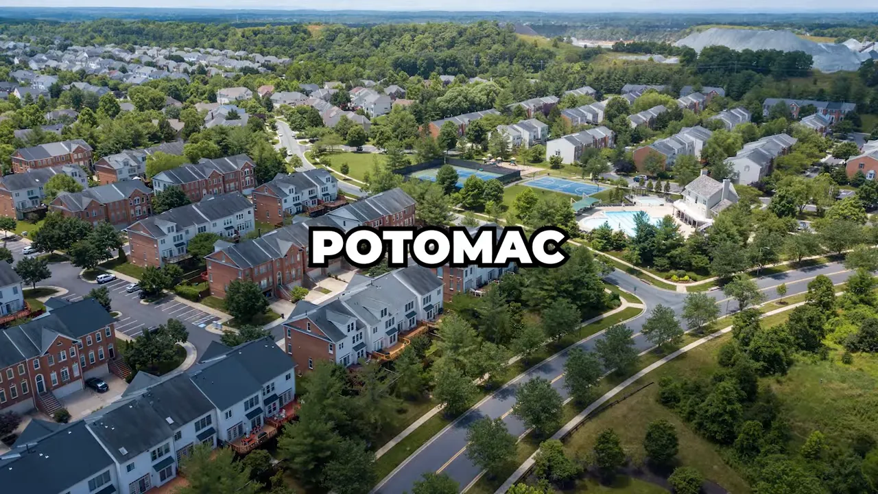 Aerial view of Potomac Maryland with text label