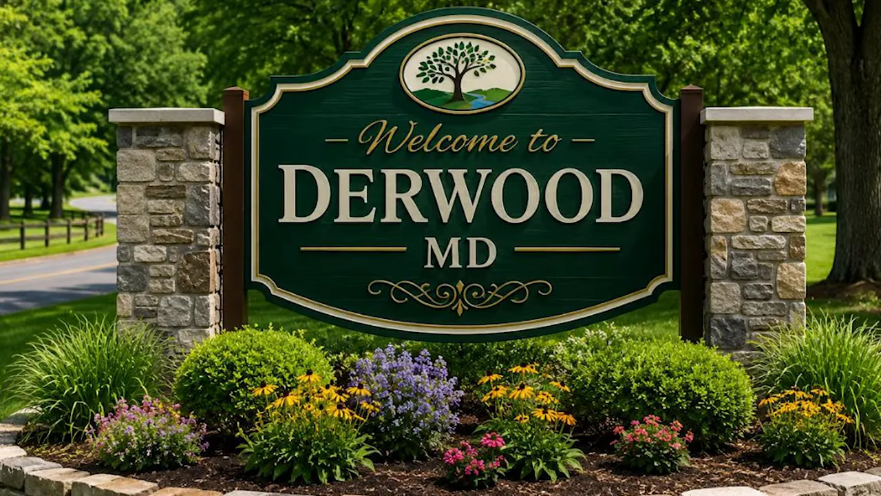 Welcome to Derwood Maryland sign with landscaped plants