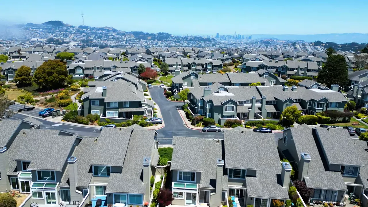 Aerial view of a Peninsula residential neighborhood with many homes