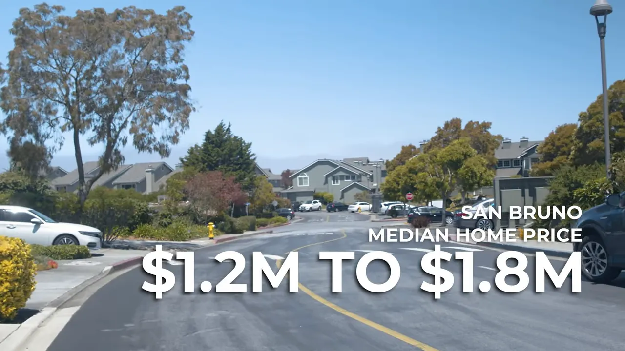 San Bruno neighborhood street with overlay median home price from $1.2M to $1.8M