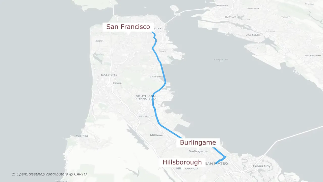Map highlighting San Francisco and select Peninsula cities connected by a route line