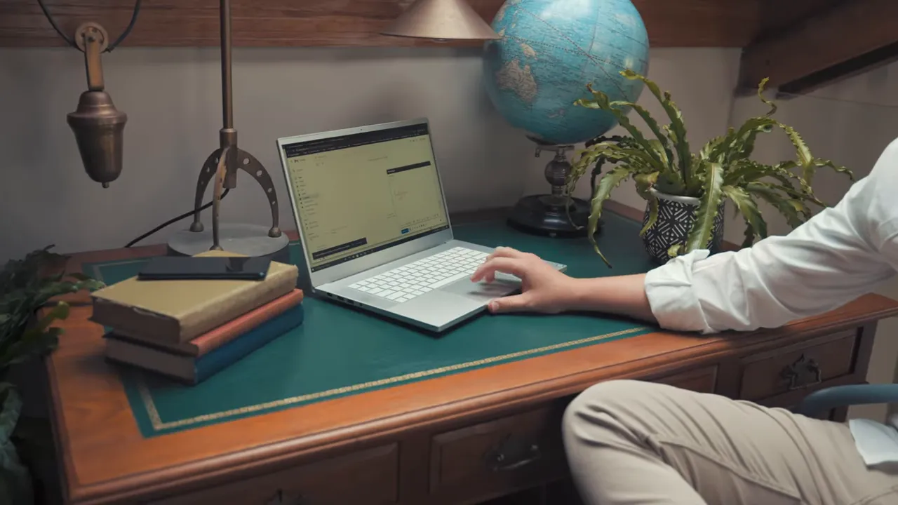 Person seated at desk using laptop with books globe and plant nearby