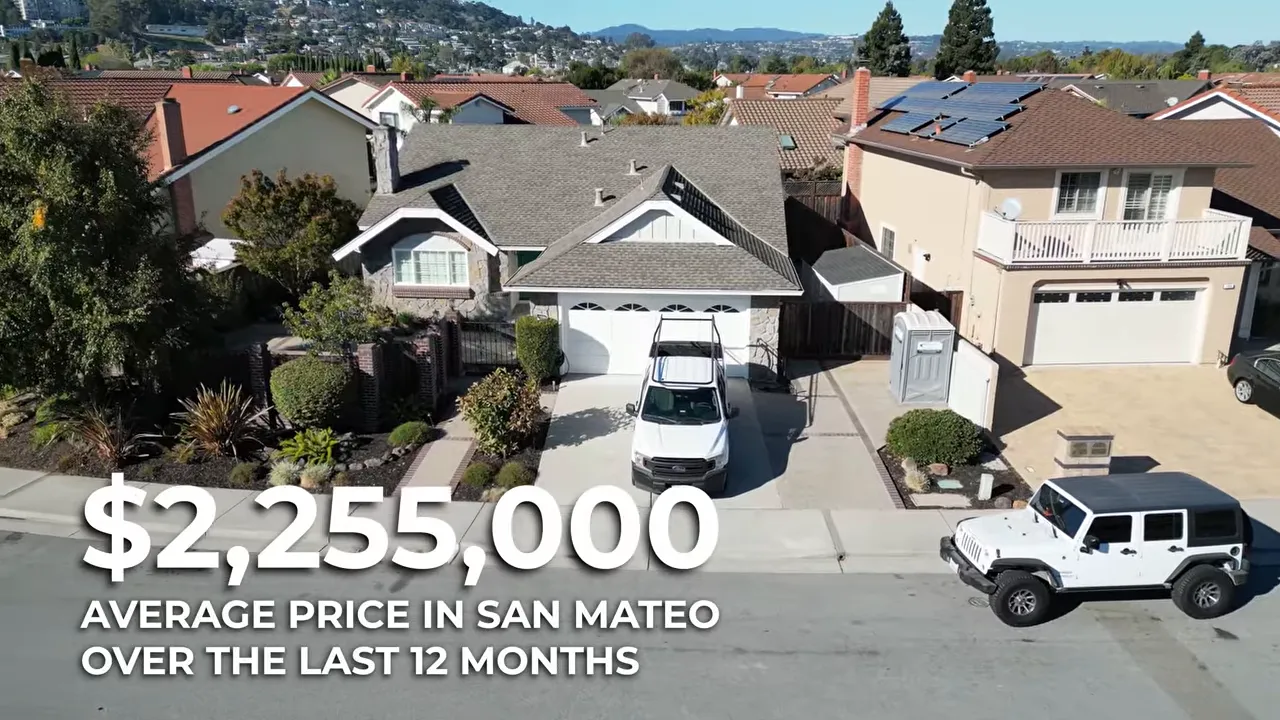 Aerial view of San Mateo homes with on-screen text showing the average price in the last 12 months