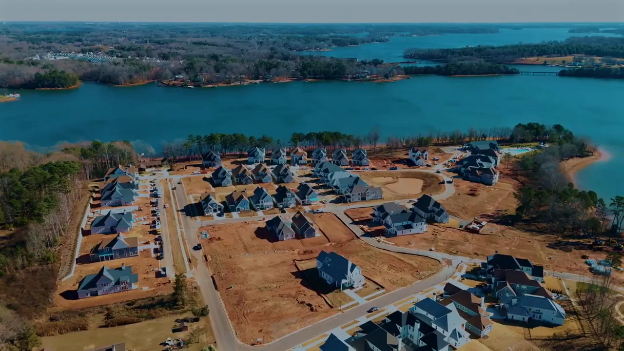 Aerial view of new construction neighborhood homes near Lake Norman in Sherrills Ford