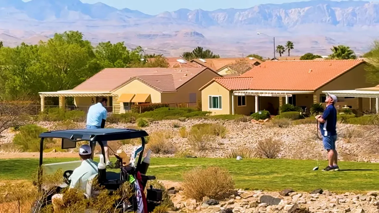 Golfers beside desert landscaping and single story homes