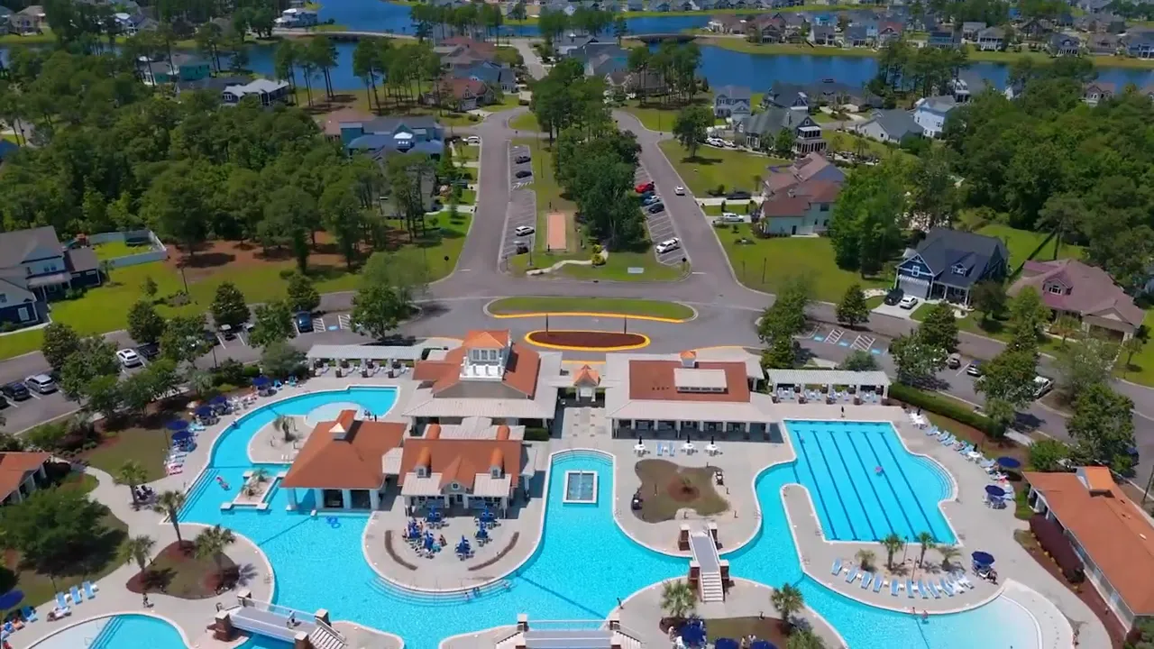 Aerial view of Waterbridge community clubhouse, pools, and amenities in Myrtle Beach, South Carolina