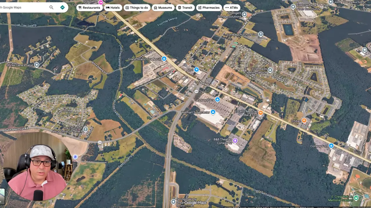Google Maps aerial view of Conway SC showing nearby businesses like Walmart Supercenter and ALDI