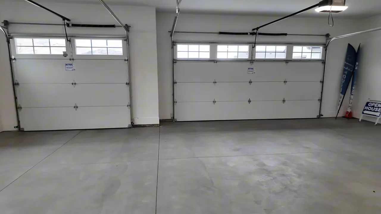 Spacious three-car garage with concrete floor, closed panel doors and high windows letting in natural light
