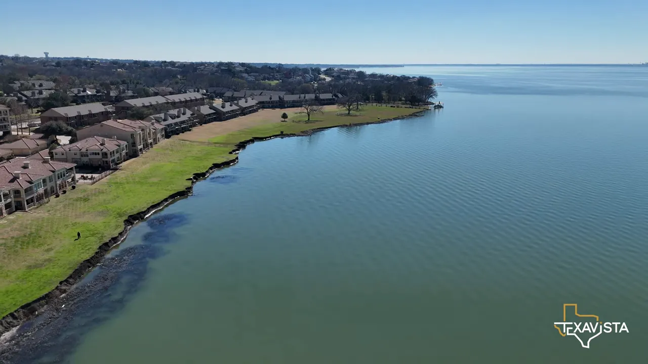 Aerial view of Lake Ray Hubbard shoreline with waterfront homes in Rockwall Texas