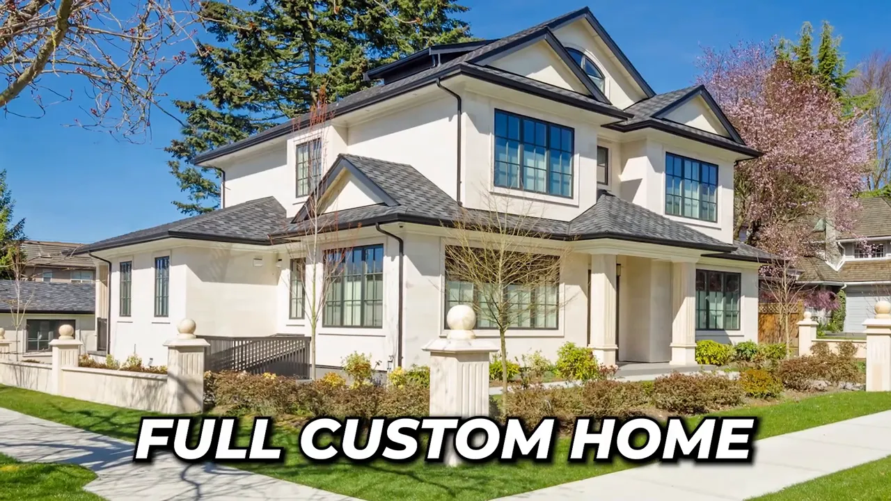 Large white house exterior with text reading full custom home