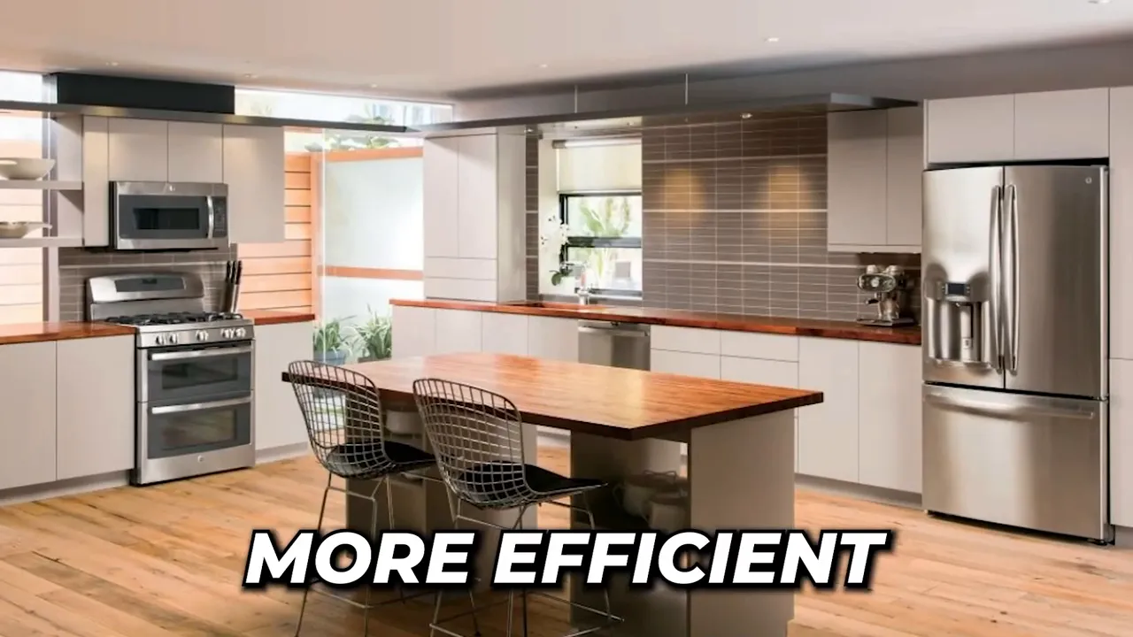 Modern kitchen with stainless steel appliances and text reading more efficient