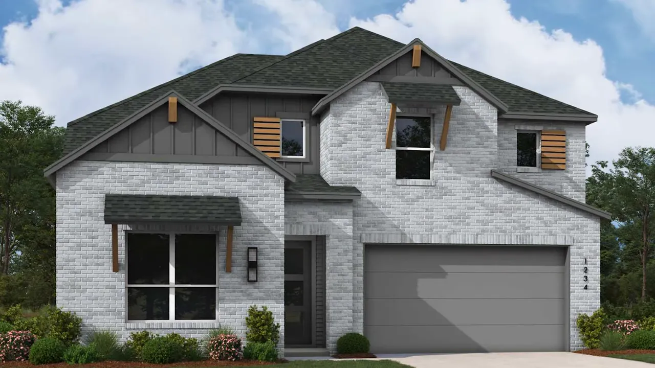 Rendering of two story white brick home with dark roof and two car garage