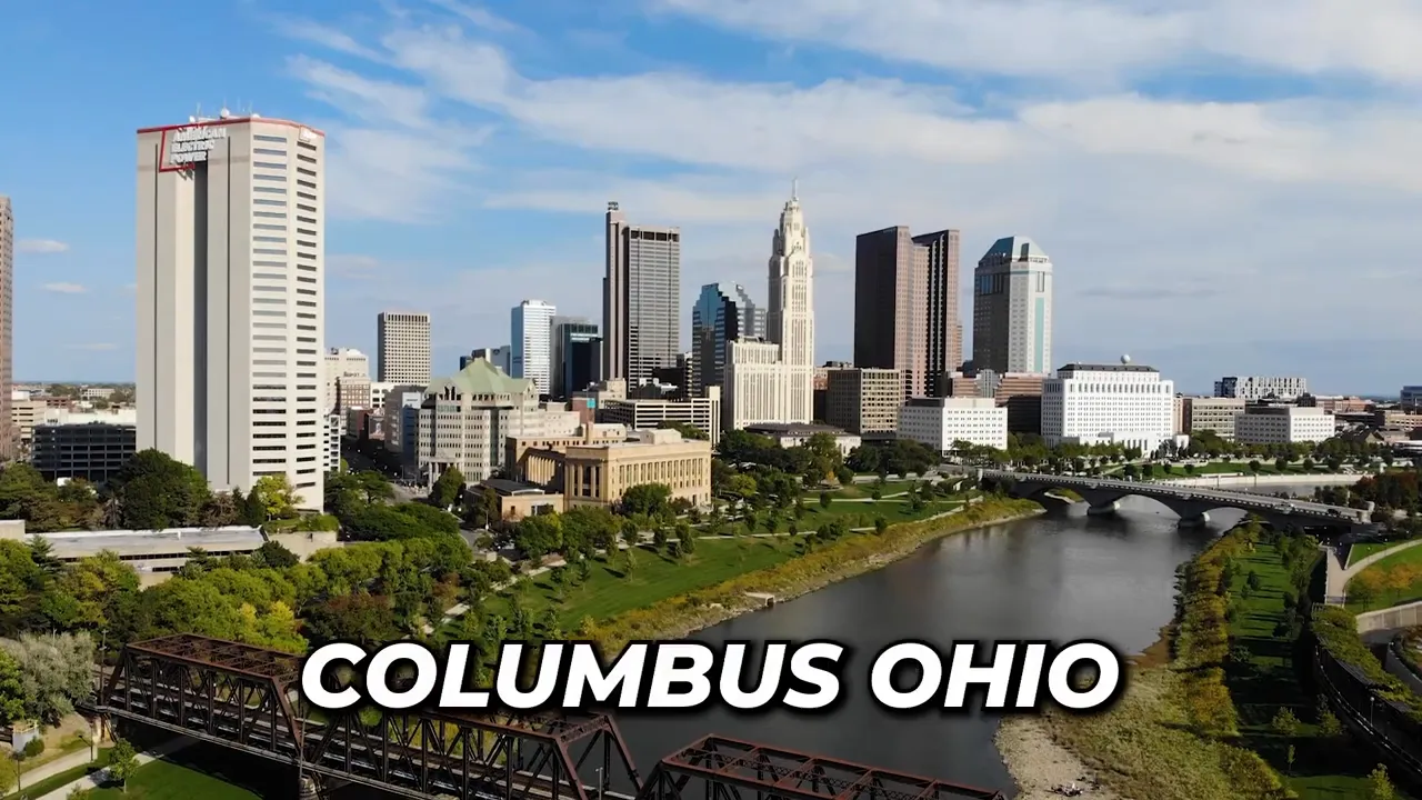 Columbus skyline beside the Scioto River with Columbus Ohio text