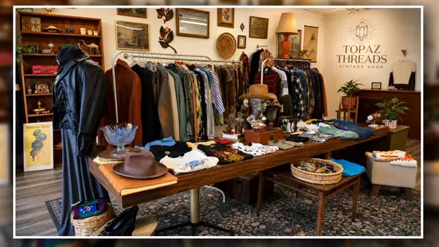 Vintage clothing racks and display tables inside Topaz Threads