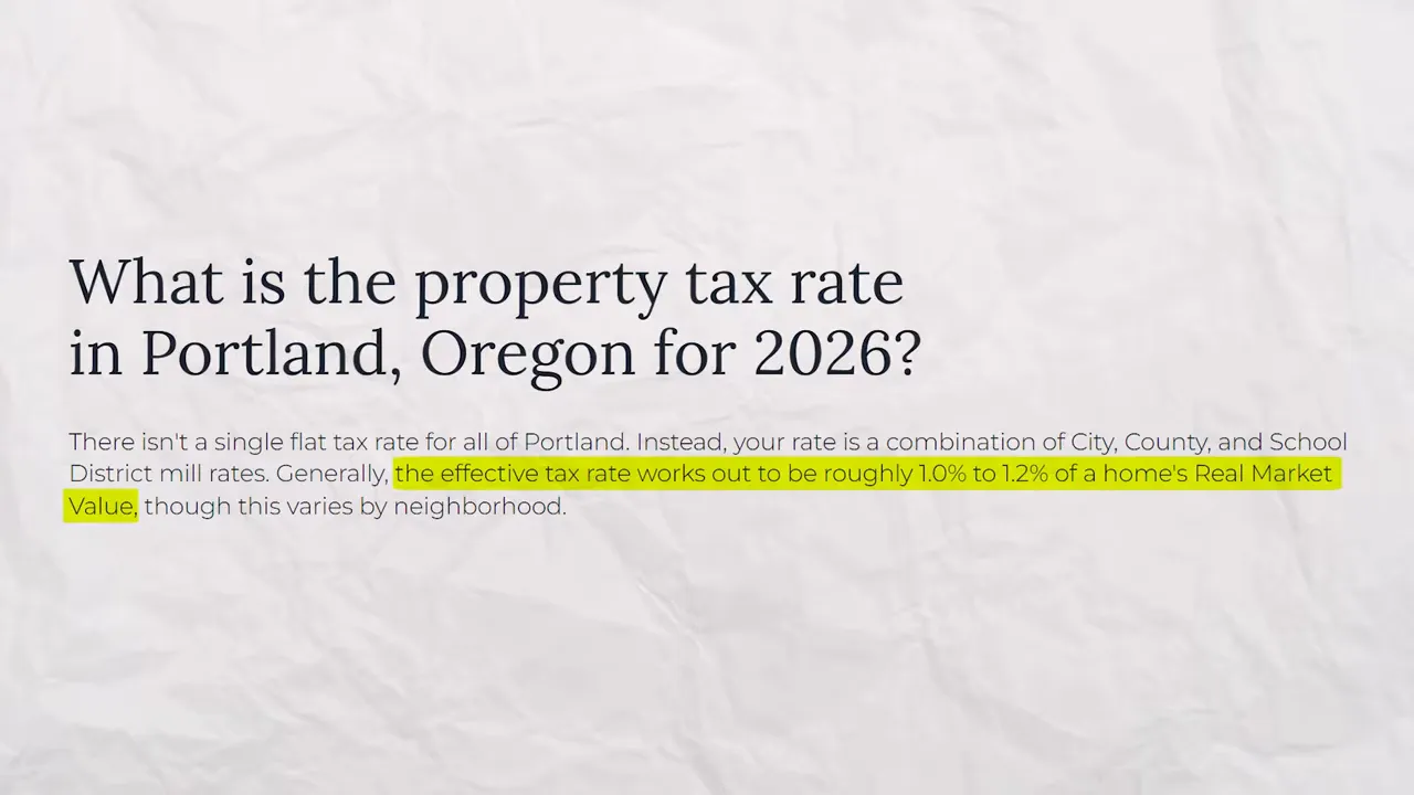 Explanation slide about property tax rate in Portland, Oregon for 2026 showing an effective tax range of 1% to 1.2%