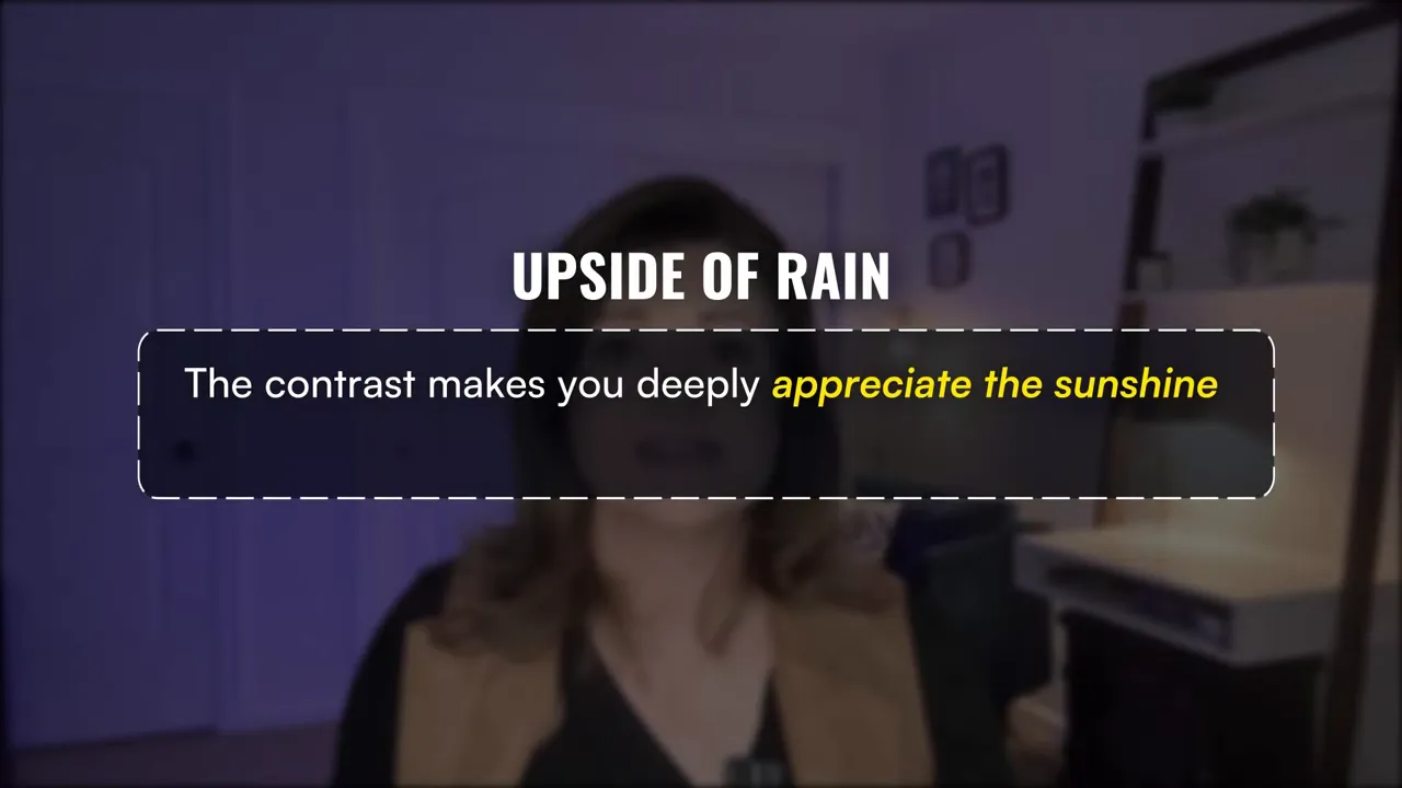 Slide on screen reading “UP SIDE OF RAIN” with the message about appreciating sunshine, shown during a Portland moving guide