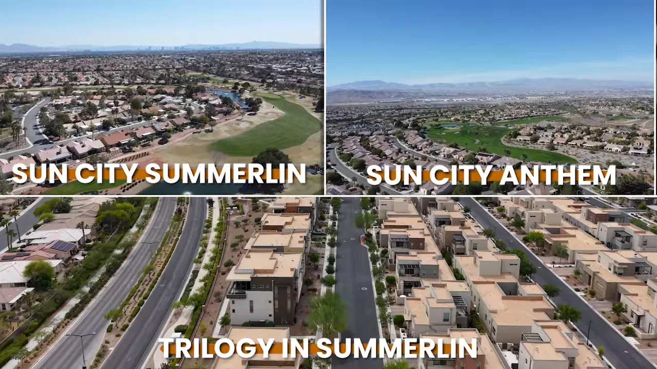 Aerial split view labeled Sun City Summerlin Sun City Anthem and Trilogy in Summerlin