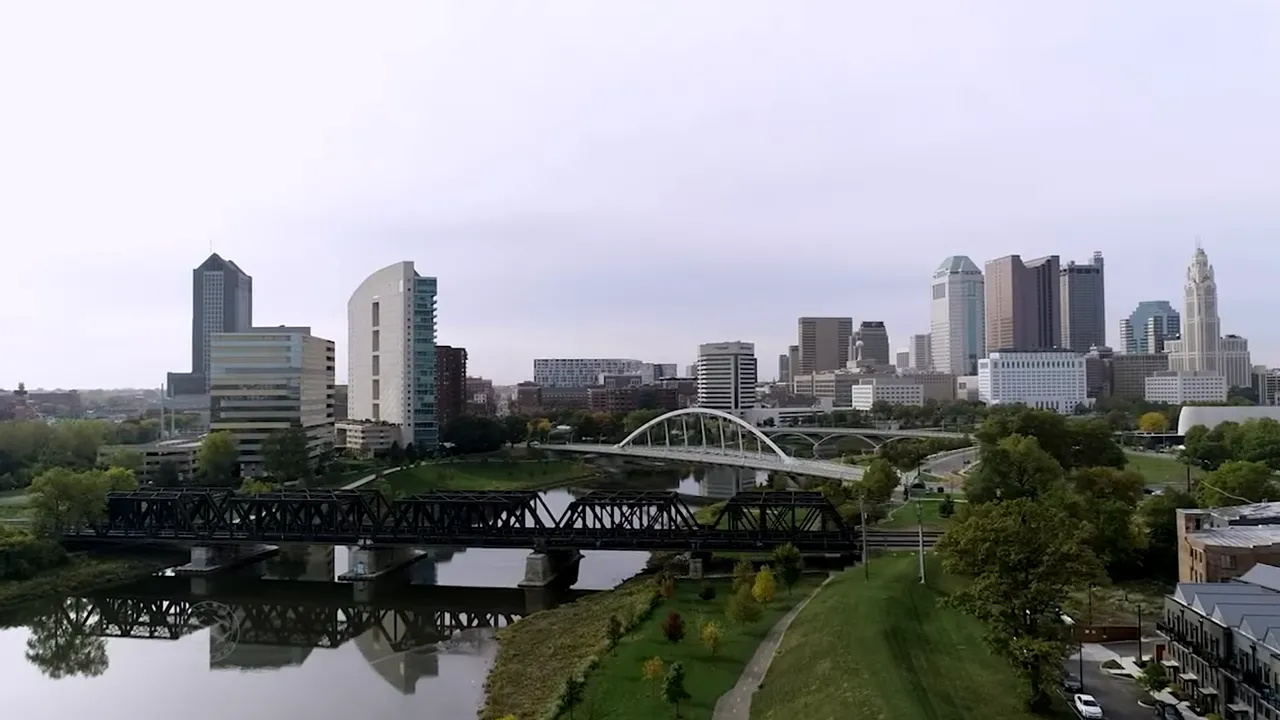 Aerial view of downtown Columbus and riverfront park